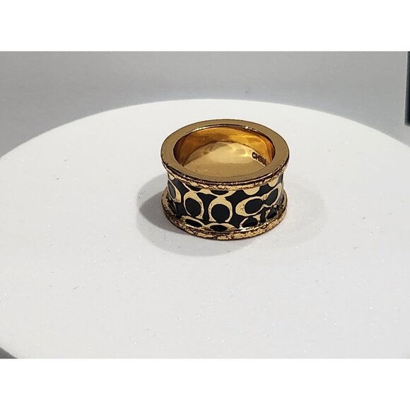Coach Gold-Tone & Black Enamel Signature "C" Ring - Size 9 - Picture 1 of 8